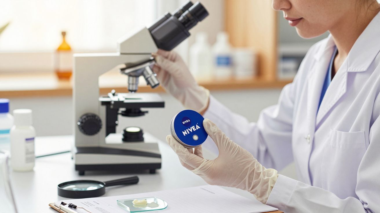 Wissenschaftlerin in Laborkittel untersucht Nivea-Creme neben einem Mikroskop auf einem Labortisch.