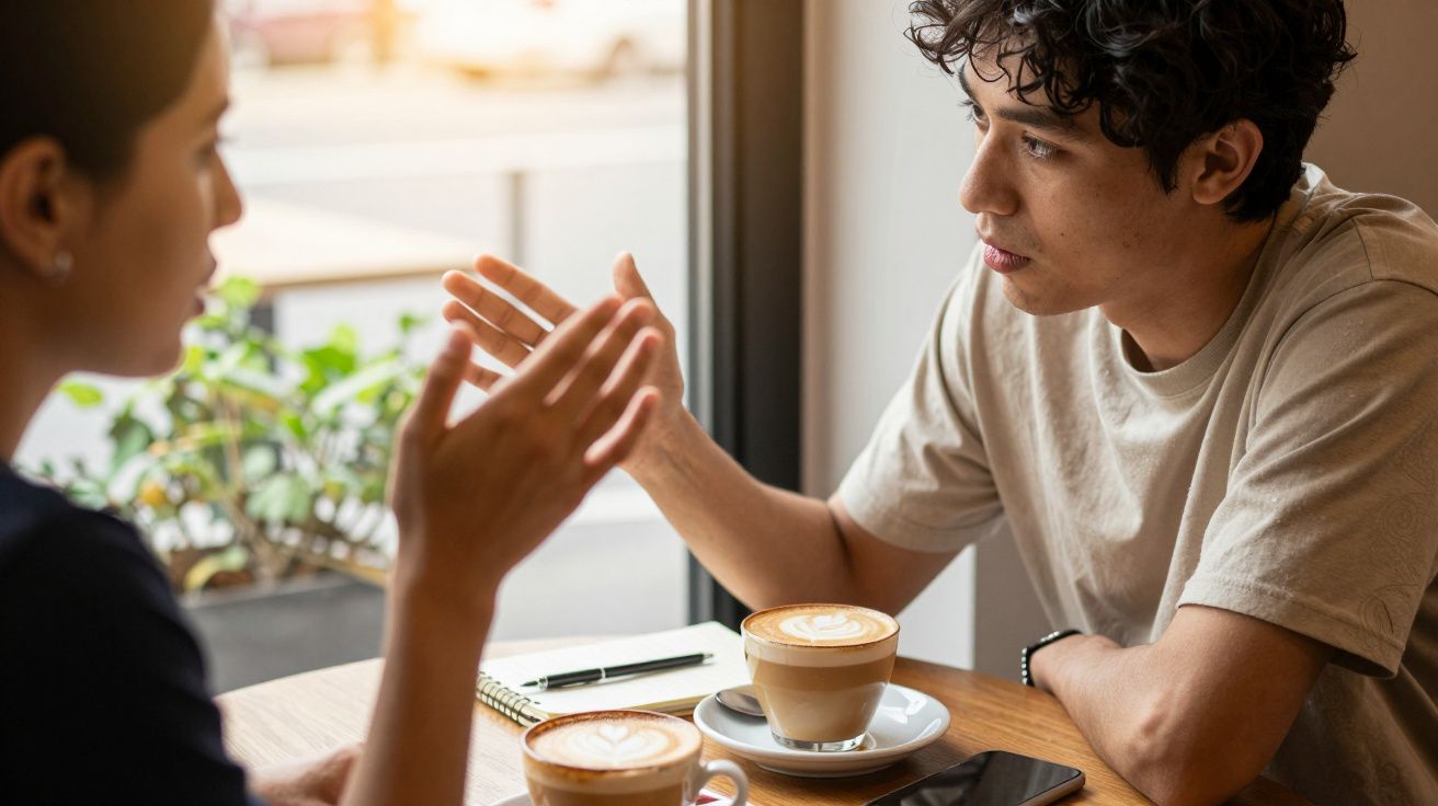 Zwei Personen, die sich bei Kaffee in einem Café unterhalten, mit Notizbuch und Handy auf dem Tisch.