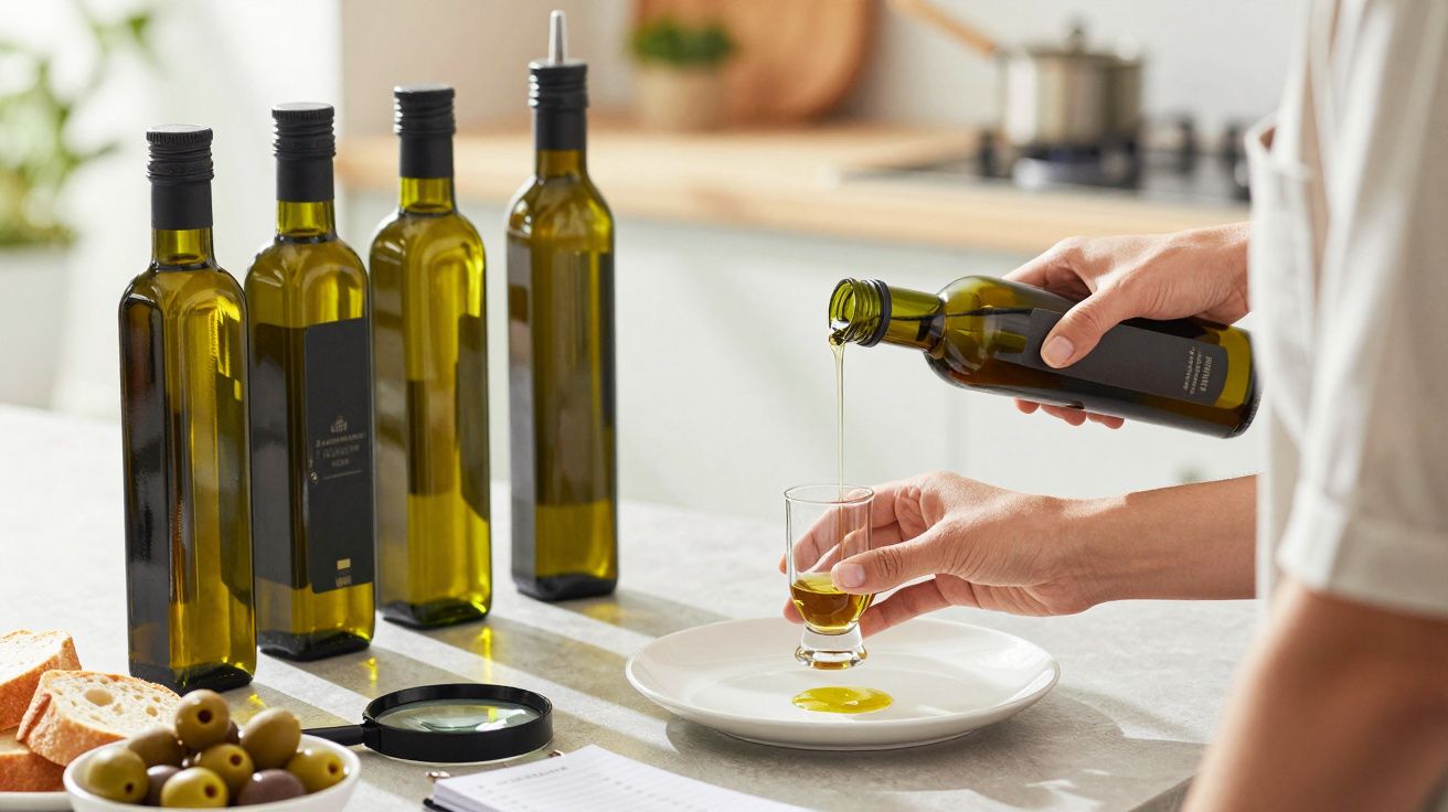 Person gießt Olivenöl aus Flasche in ein Glas auf Teller, daneben weitere Ölflaschen, Brot und Oliven auf Tisch.