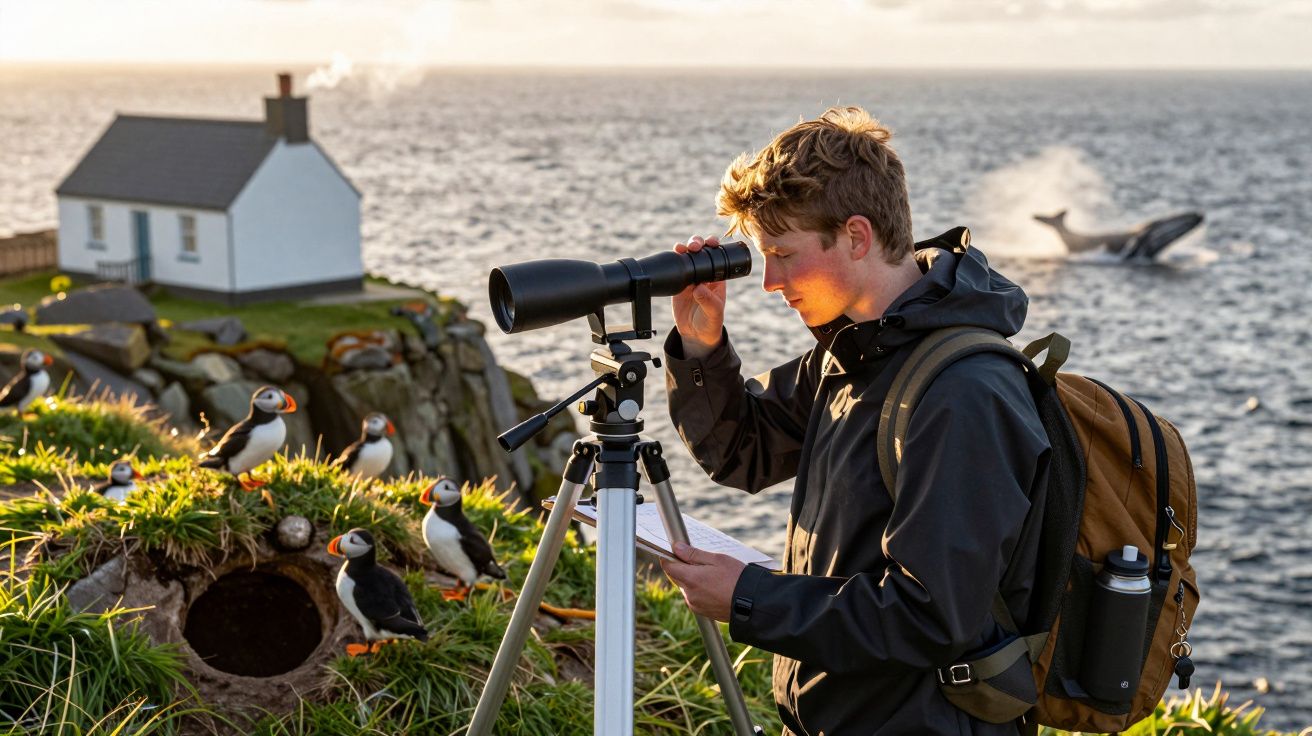 Ein Mann beobachtet Papageientaucher mit Teleskop auf einer Klippe. Im Hintergrund springt ein Wal aus dem Wasser.