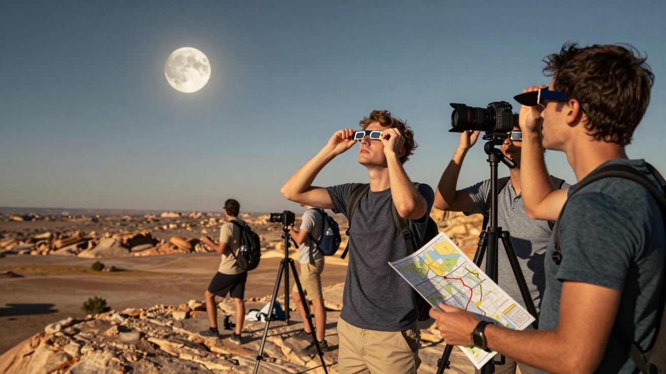 Menschen betrachten die Sonne mit Schutzbrillen in einer wüstenähnlichen Landschaft, Kameras und Stative im Vordergrund.