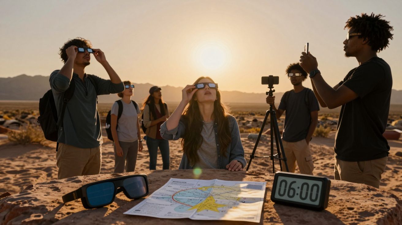Eine Gruppe von Menschen beobachtet bei Sonnenaufgang mit Spezialbrillen den Himmel in der Wüste, Karten auf einem Tisch.