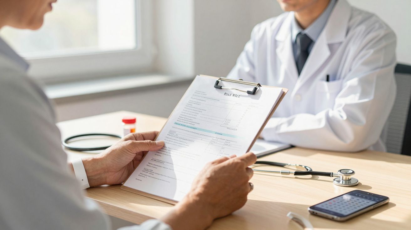 Zwei Ärzte im Gespräch, einer hält ein Klemmbrett mit Dokumenten. Ein Stethoskop liegt auf dem Tisch.