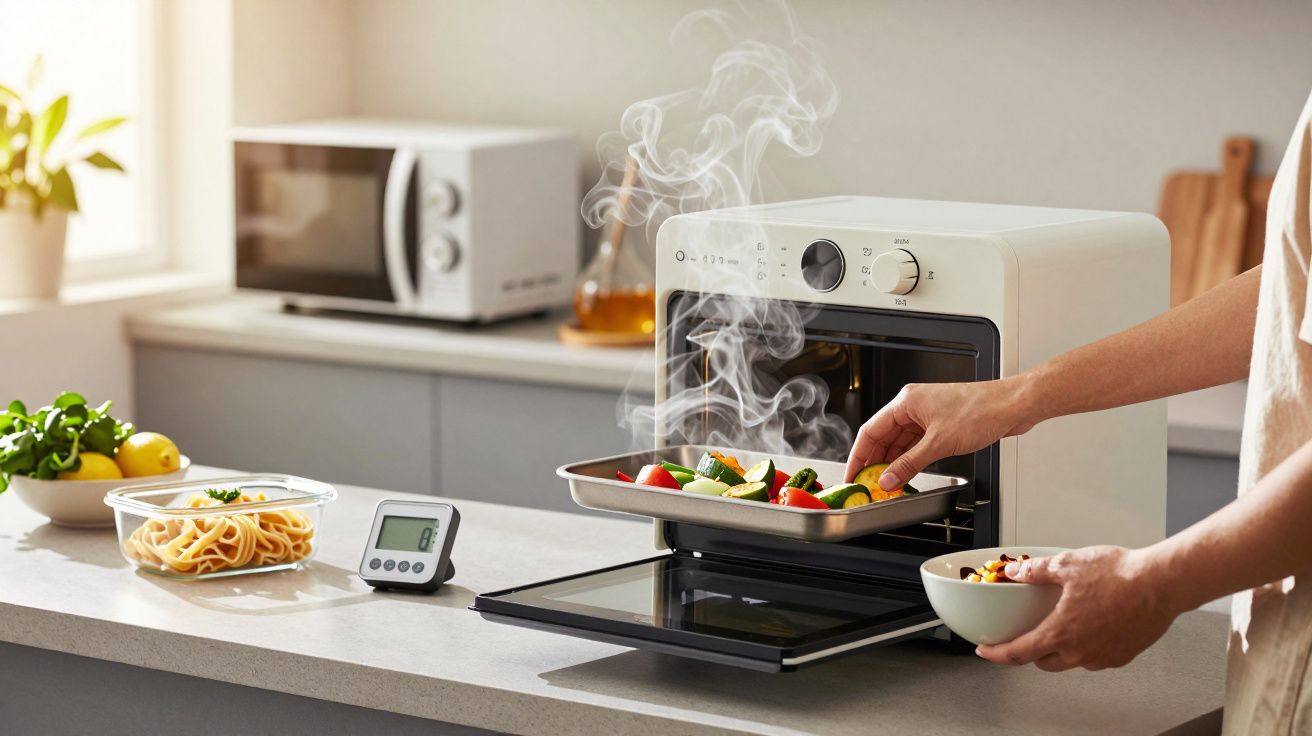 Person legt Gemüse in einen Mini-Ofen auf Tisch, daneben Pasta-Schale und Küchenuhr. Im Hintergrund steht eine Mikrowelle.