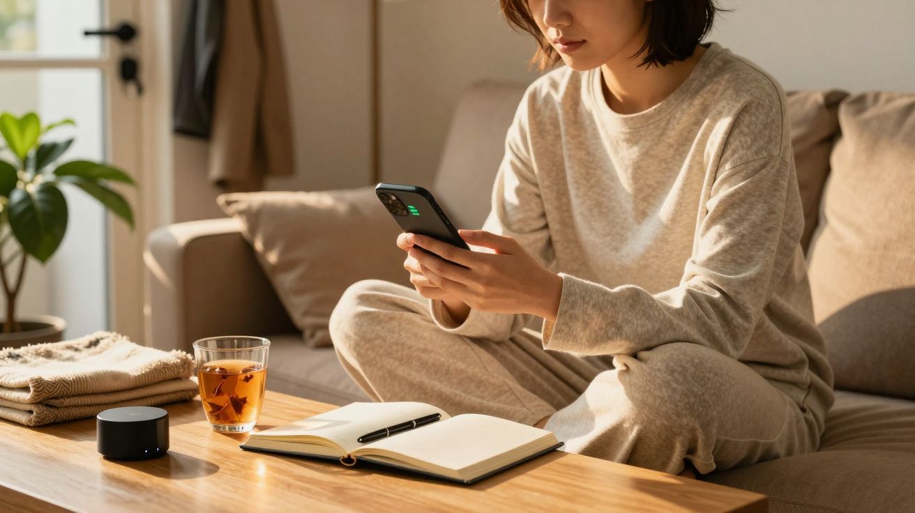 Frau sitzt auf Sofa, hält Smartphone, vor ihr Tisch mit Notizbuch, Stift, Glas Tee und kleiner Lautsprecher.