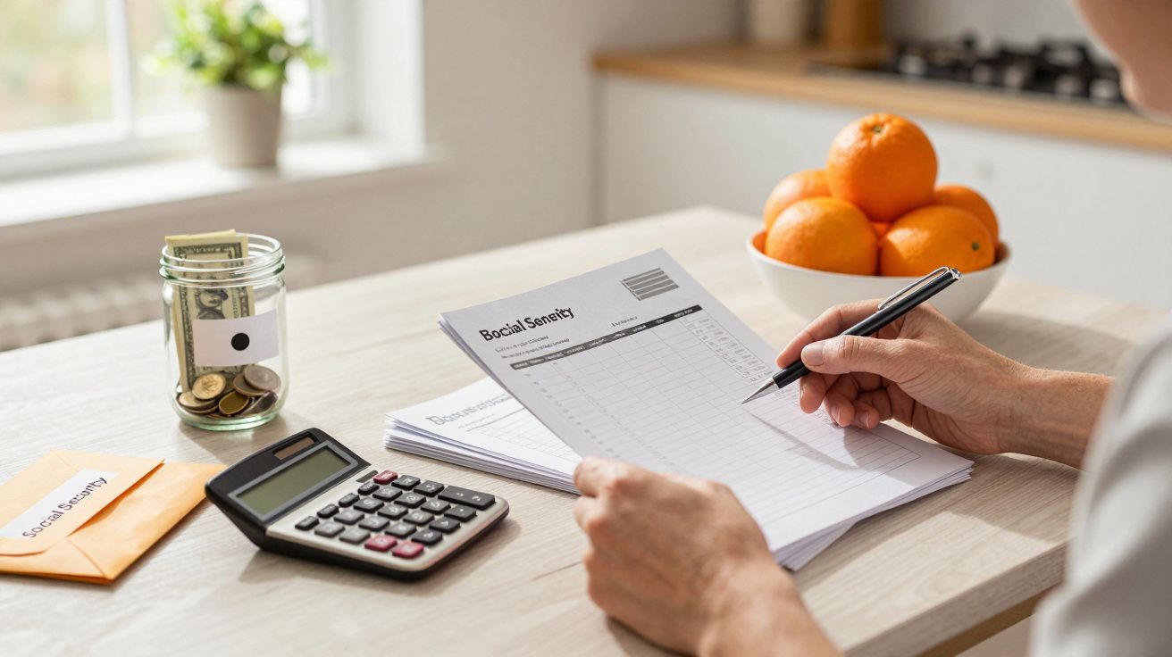 Person überprüft Dokumente am Tisch mit Taschenrechner, Glas mit Geld und Orangen.
