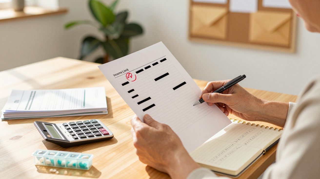 Person überprüft ein Dokument mit Notizen, Taschenrechner und Pillenbox auf Holztisch.