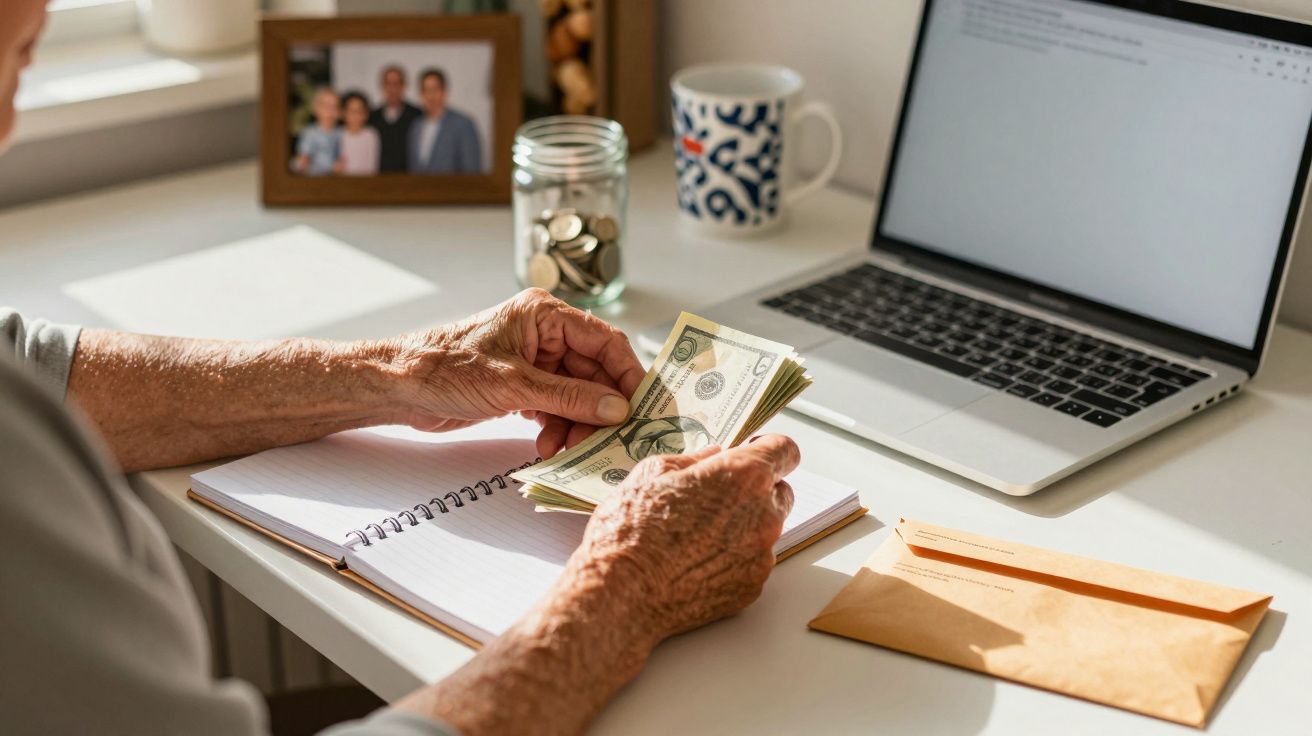 Ältere Person zählt Geldscheine am Schreibtisch mit Laptop, Notizbuch, Kaffeetasse und Foto im Hintergrund.