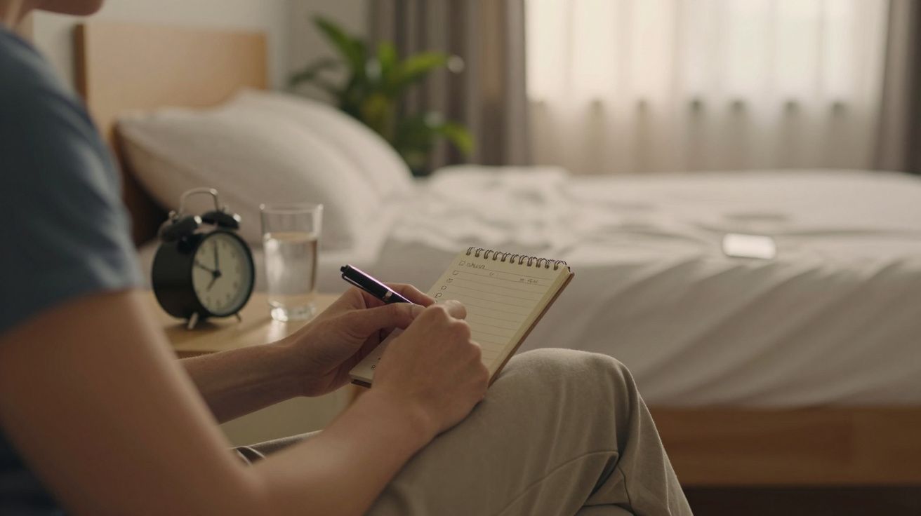 Person schreibt in Notizbuch neben Bett, auf dem Nachttisch ein Wecker und ein Glas Wasser.