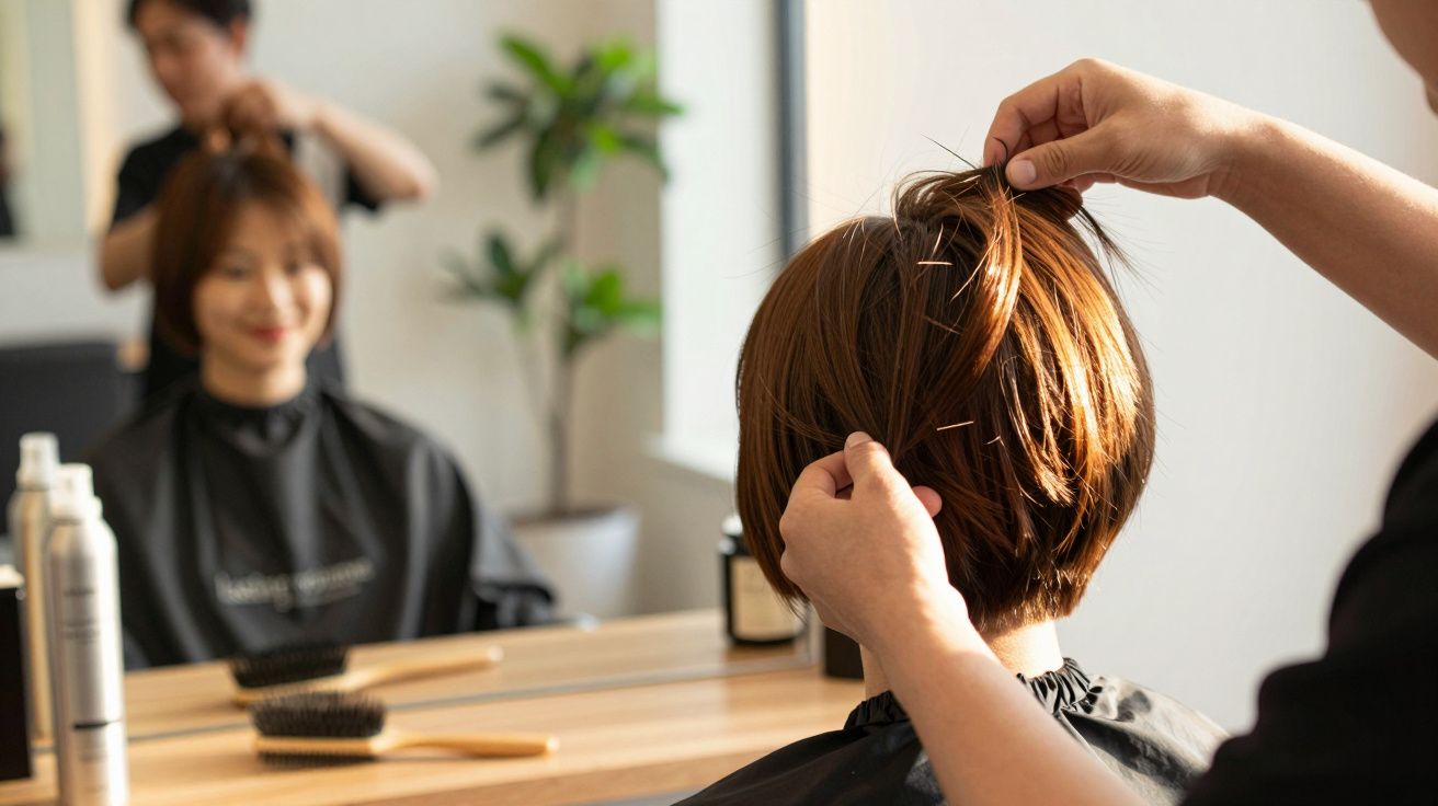 Friseur stylt Haare einer Frau im Salon, beide blicken in einen Spiegel. Haarprodukte und Bürsten auf dem Tisch.