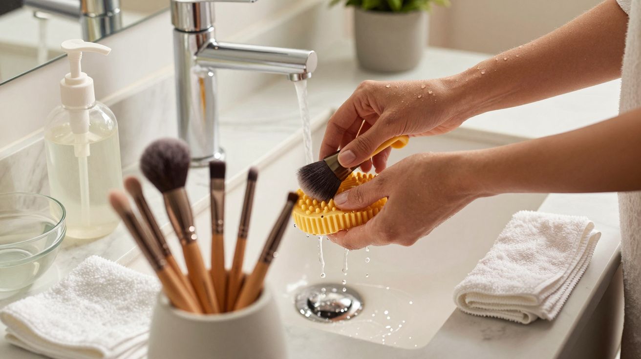 Hände, die einen Make-up-Pinsel in einem Waschbecken unter fließendem Wasser reinigen, daneben Handtücher und Pinselhalter.