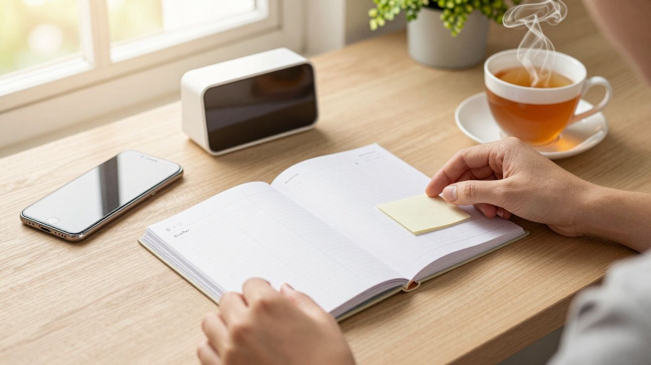 Person arbeitet an einem Schreibtisch mit Notizbuch, Smartphone, Wecker und dampfender Tasse Tee.