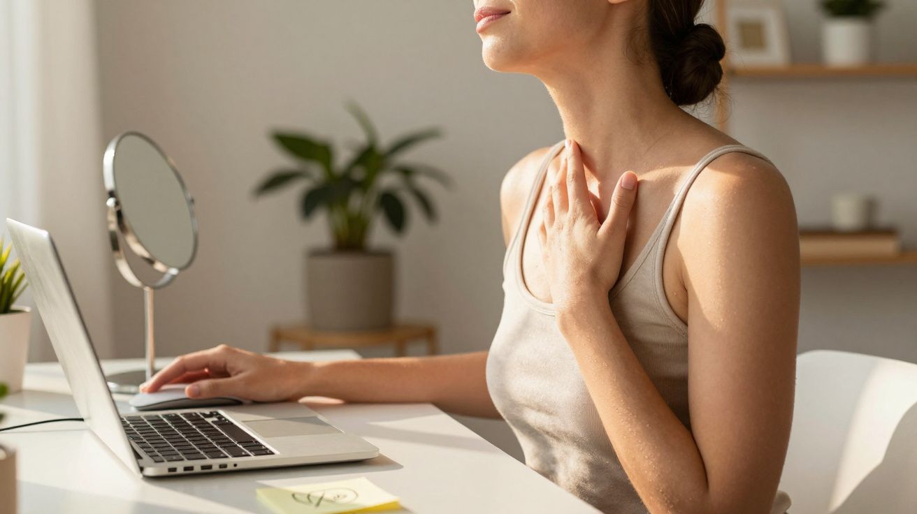 Frau sitzt am Schreibtisch mit Laptop, berührt ihre Brust. Im Hintergrund sind Pflanzen und ein Spiegel zu sehen.