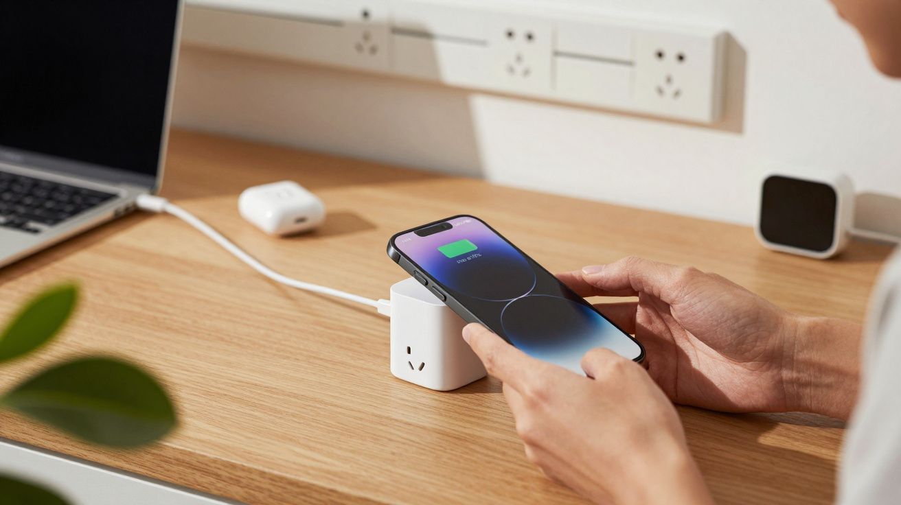 Person lädt Smartphone auf einem Tisch auf, neben Laptop und kabellosen Kopfhörern.