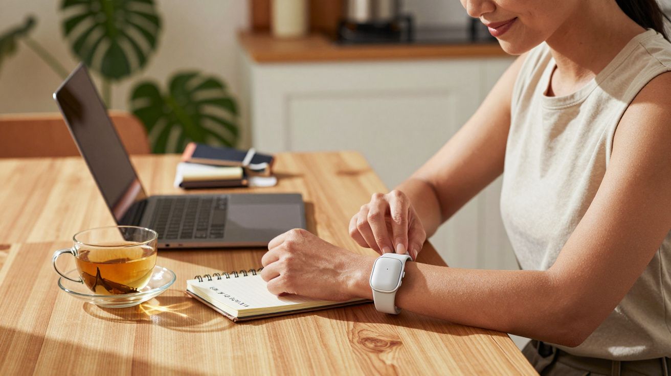 Frau am Tisch mit Laptop und Tee, trägt eine Smartwatch und notiert in ein offenes Notizbuch.
