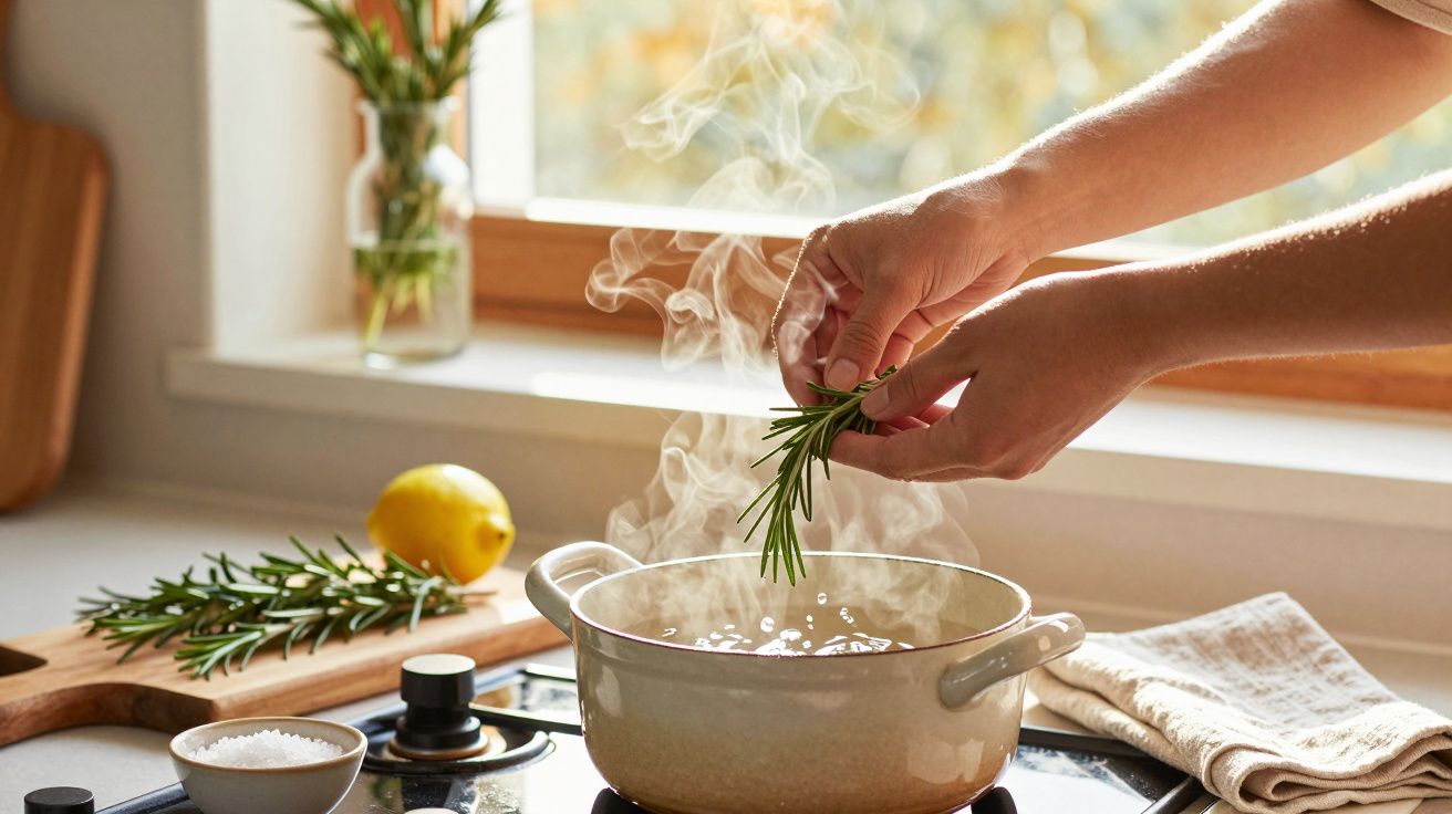 Hände geben frischen Rosmarin in dampfenden Topf auf Herd, Zitrone und Salz daneben auf Holzbrett in der Küche.