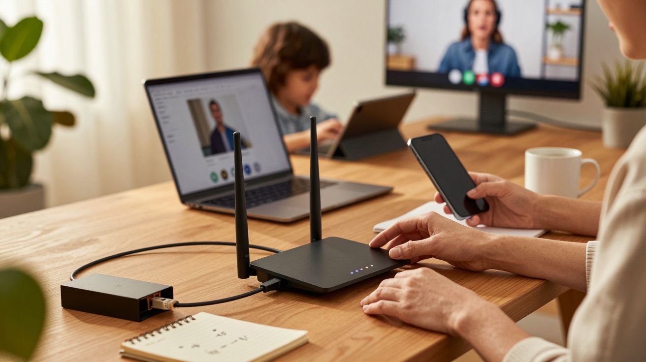 Person am Tisch nutzt Smartphone, Laptop und Monitor. Kind ebenfalls am Tablet. Router und Notizbuch auf dem Tisch.