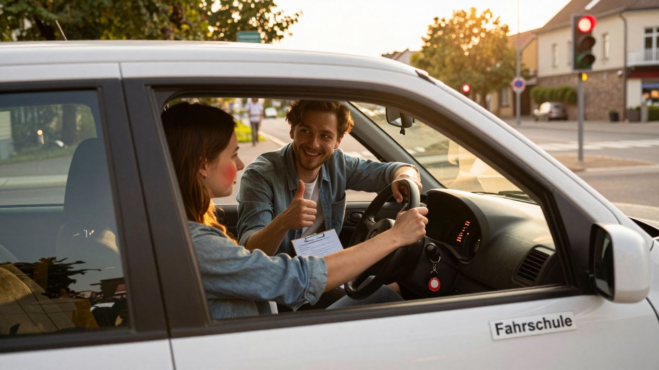 Fahrschüler sitzt mit Fahrlehrer im Auto, der Daumen hoch zeigt; Auto an Kreuzung mit grüner Ampel.
