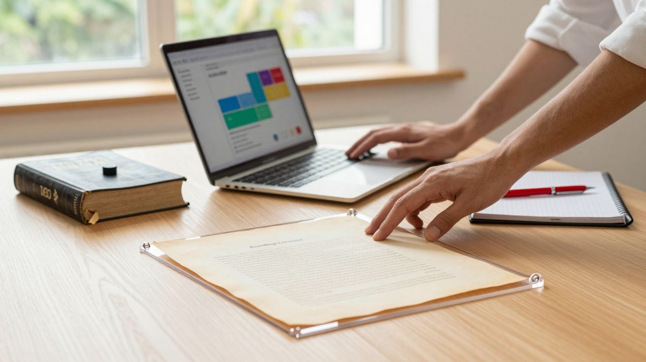 Person blättert durch ein Dokument, neben einem Laptop und einem Buch auf einem Schreibtisch.