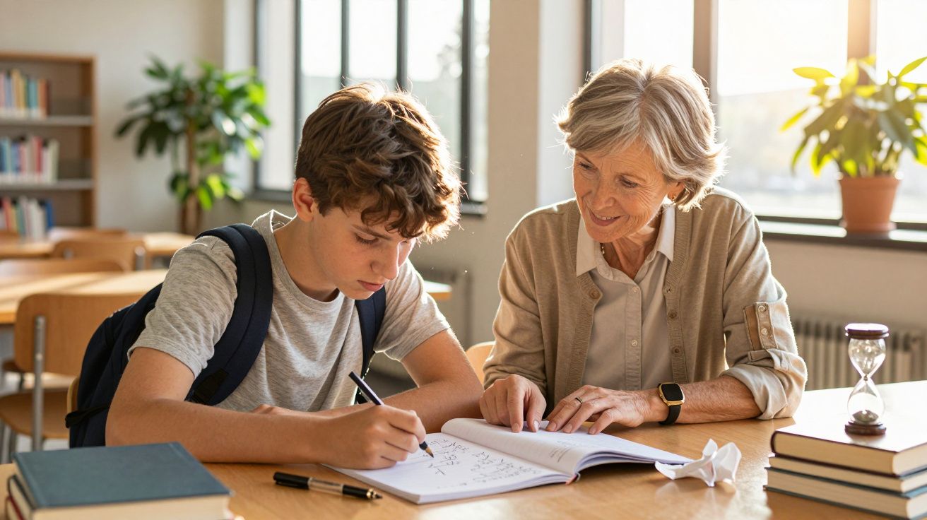 Ältere Frau hilft einem Schüler bei den Hausaufgaben in einer Bibliothek, umgeben von Büchern und Pflanzen.