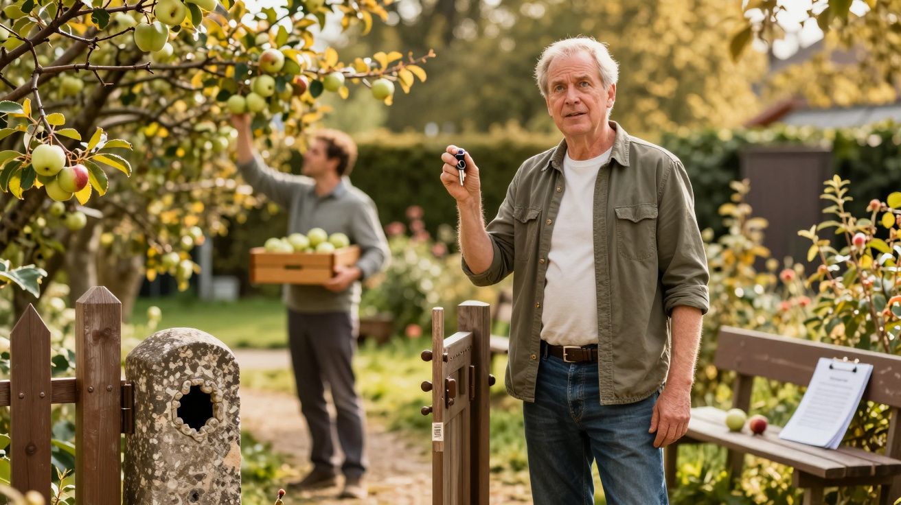 Älterer Mann mit Schlüssel, steht vor Gartenbank. Jüngerer Mann im Hintergrund pflückt Äpfel von Baum.