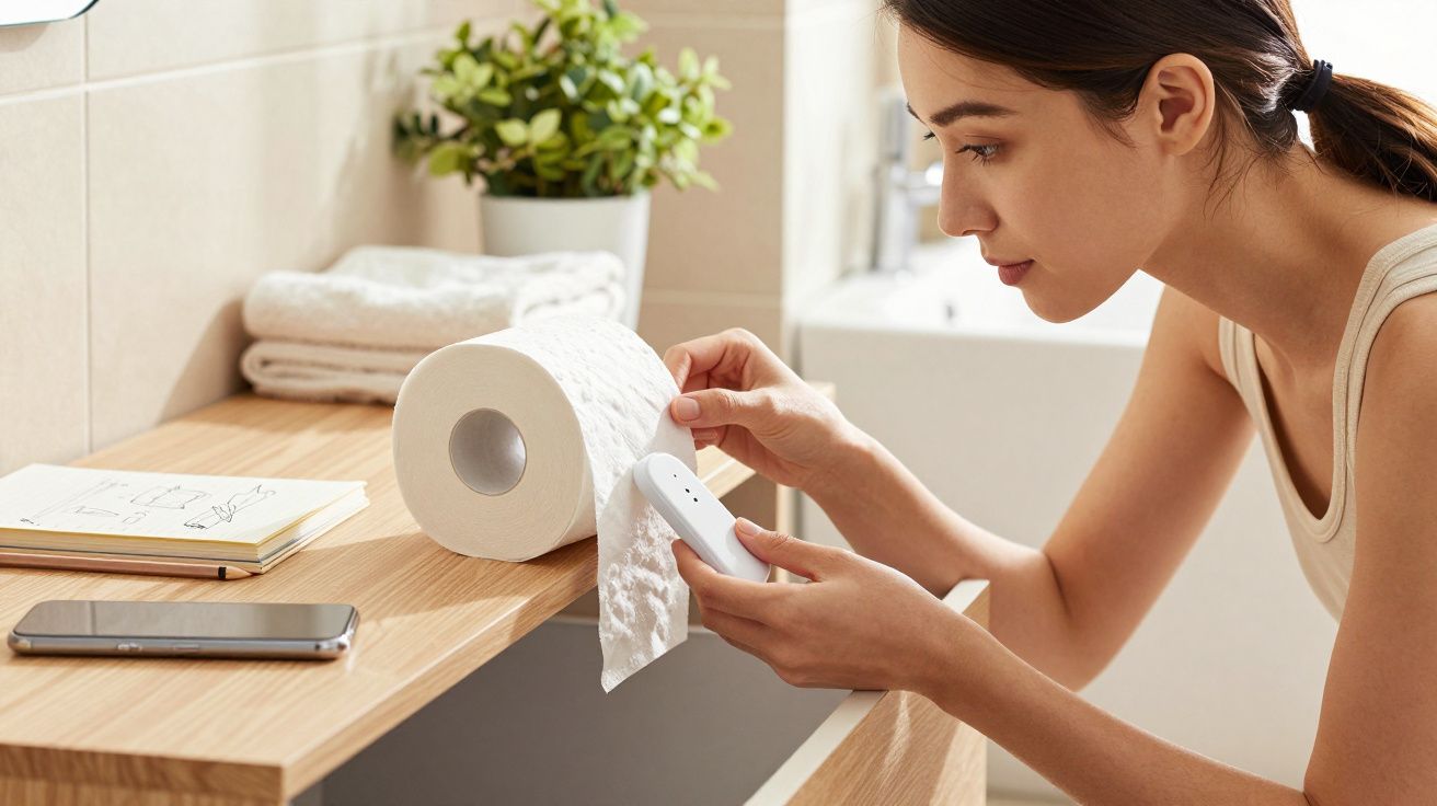Frau überprüft mit einem Gerät eine Toilettenpapierrolle im Badezimmerregal, im Hintergrund Handtücher und Pflanzen.