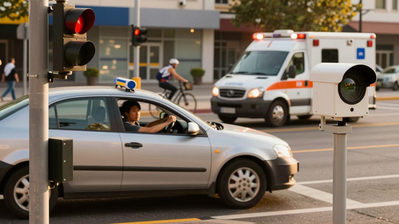 Silbernes Auto an roter Ampel, Fahrer am Steuer. Im Hintergrund fährt ein Krankenwagen, Radfahrer auf der Straße.