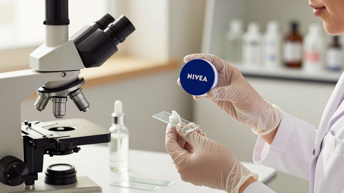 Person im Labor mit Mikroskop, hält Nivea-Dose und Objektträger in Handschuhen.