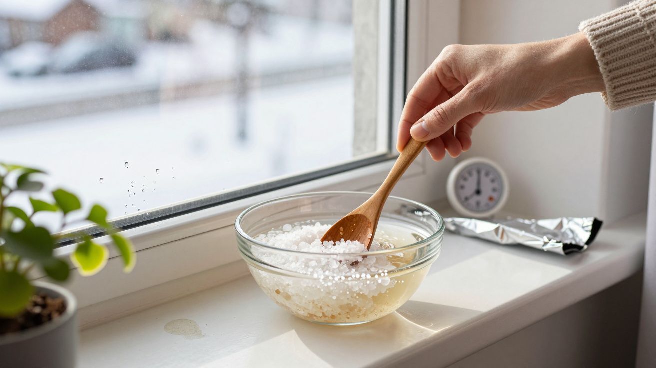 Hand rührt weiße Kügelchen in Glasschüssel neben Pflanze auf Fensterbank, draußen Schnee.