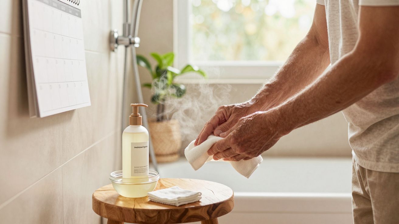 Person reinigt Hände mit einem warmen Handtuch im Badezimmer, neben einer Lotionflasche und Pflanzen im Hintergrund.