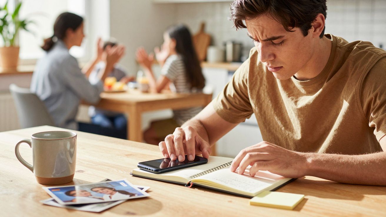 Ein Mann schreibt in ein Notizbuch, im Hintergrund unterhalten sich zwei Personen an einem Tisch in einer Küche.