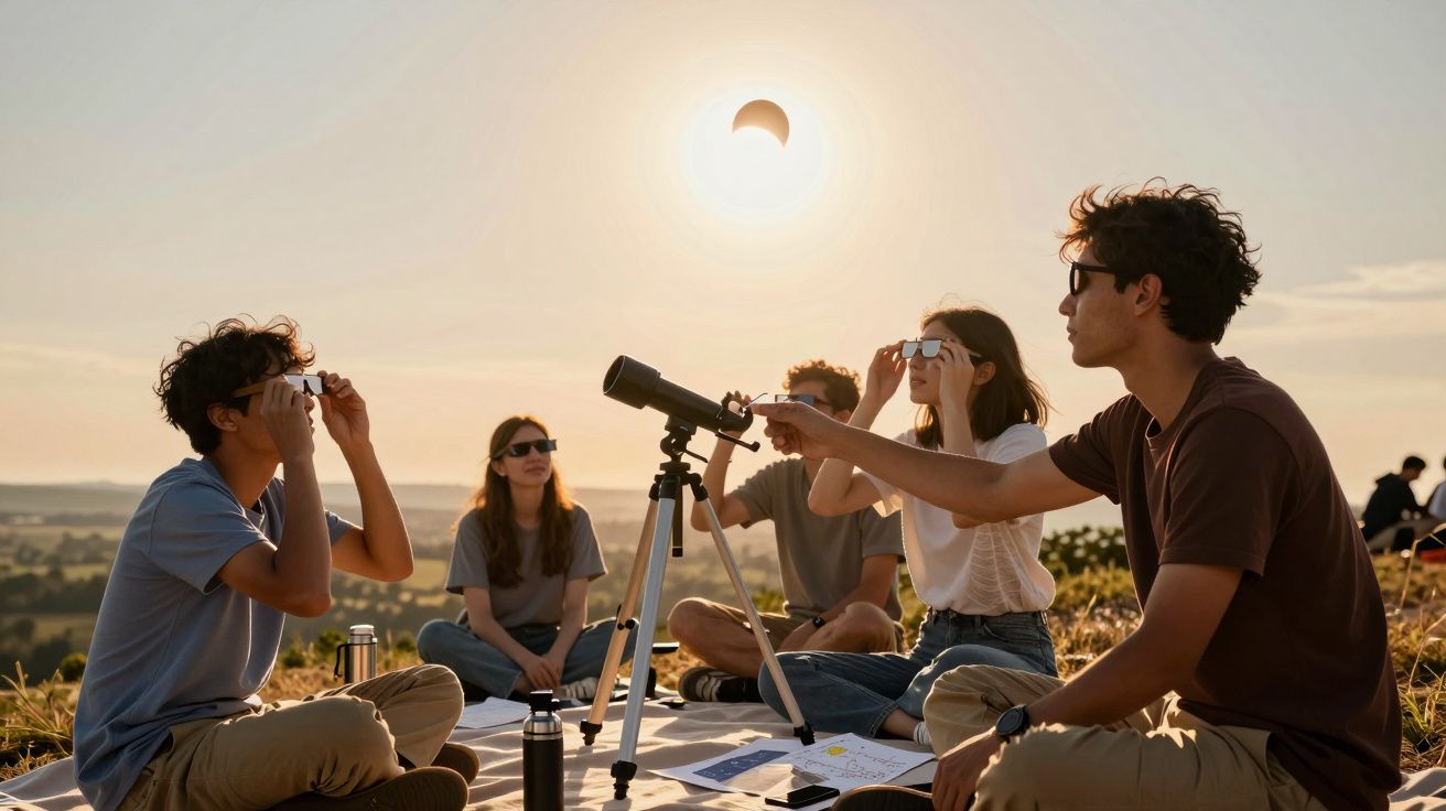 Gruppe von fünf jungen Leuten beobachtet eine Sonnenfinsternis mit Teleskop auf einer Wiese am sonnigen Tag.