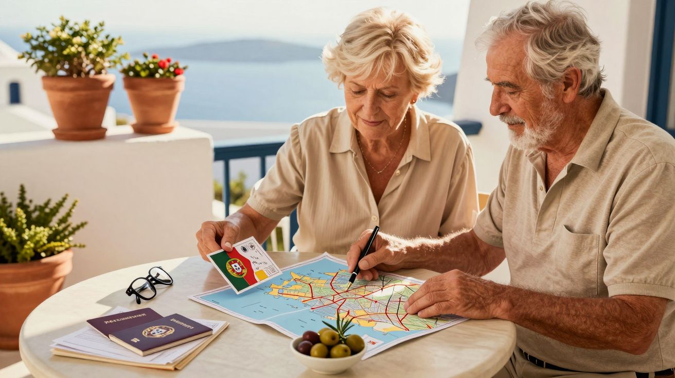 Älteres Paar plant Reise an einem Tisch mit Karte im Freien, Pass und Brille, im Hintergrund weiße Gebäude und Meerblick.