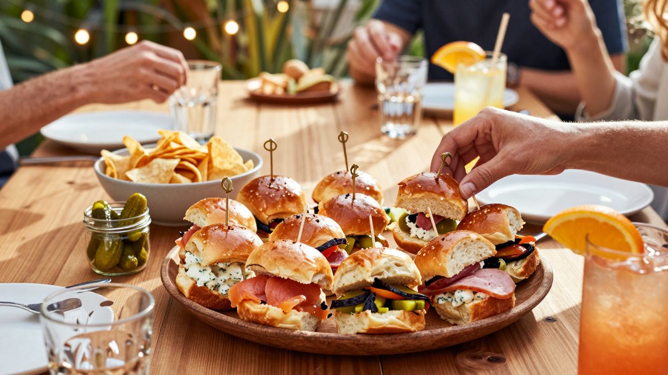 Ein Tisch mit Mini-Burgern, Chips und Getränken, umgeben von Personen, die essen und Getränke genießen.