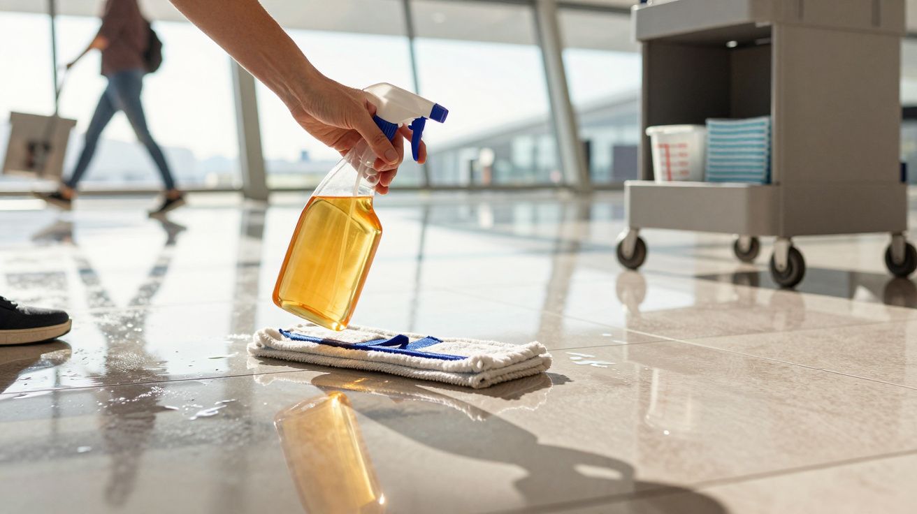 Hand sprüht Reinigungsmittel auf Bodenwischer auf nassem Flughafenboden, Reinigungswagen im Hintergrund.