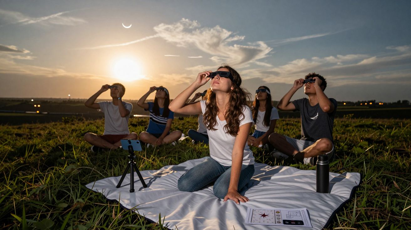 Gruppe von Menschen auf einer Wiese beim Beobachten einer Sonnenfinsternis mit Schutzbrillen und Decke bei Sonnenuntergang.