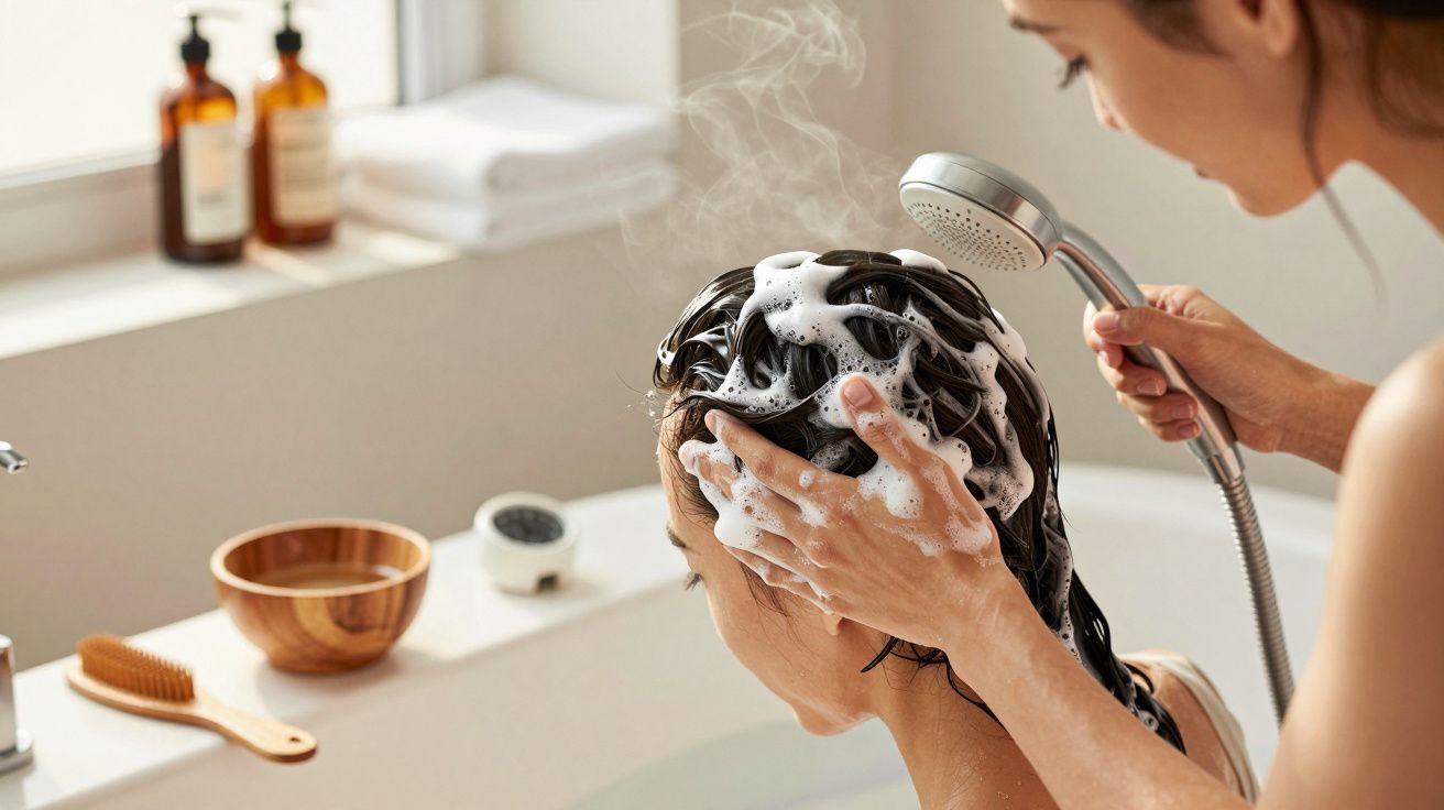 Person wäscht Haare in Badewanne, mit viel Schaum, gehaltene Dusche und Pflegeprodukte im Hintergrund.