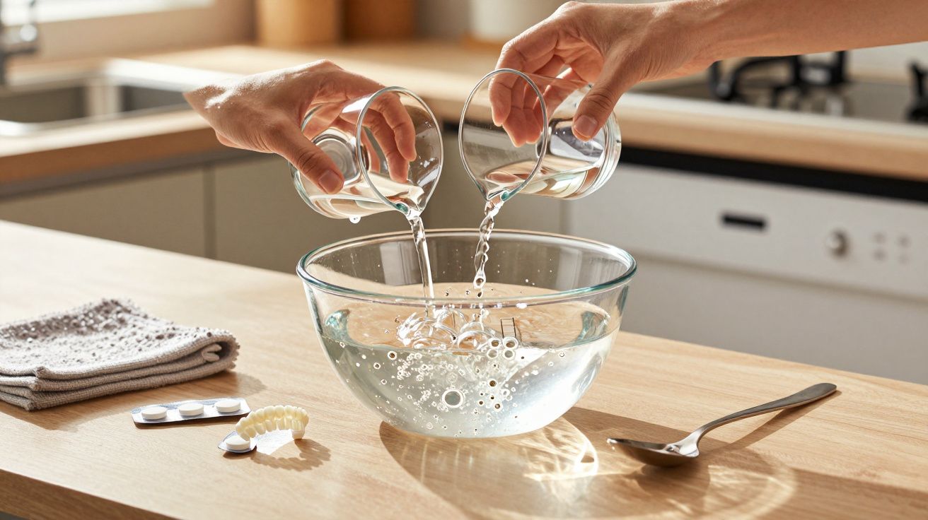 Zwei Hände gießen Wasser aus Gläsern in eine Schüssel, umgeben von Tabletten und Zahnprothese auf einem Küchentisch.