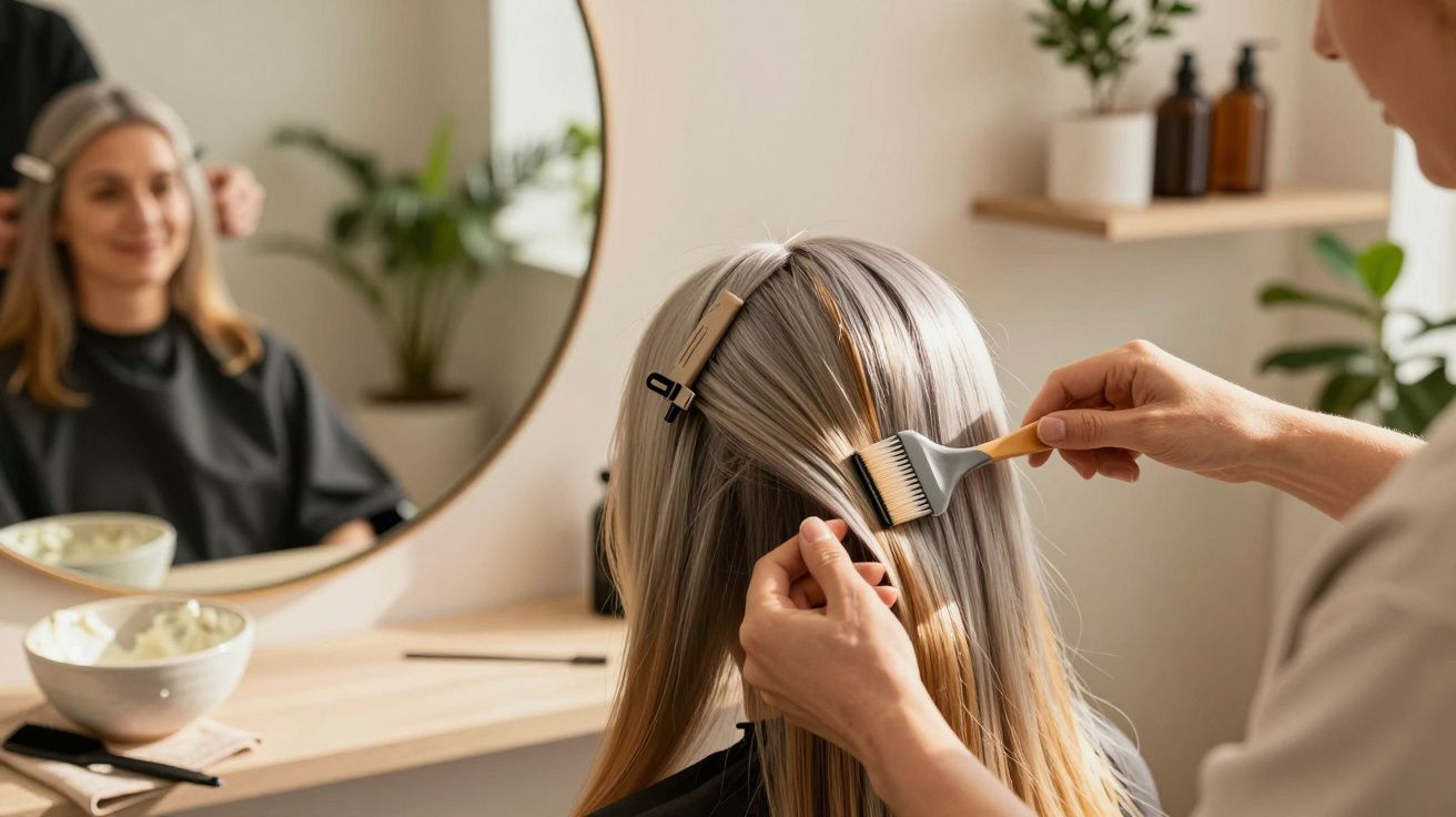 Eine Frau bekommt in einem Friseursalon die Haare gefärbt, während sie im Spiegel schaut.