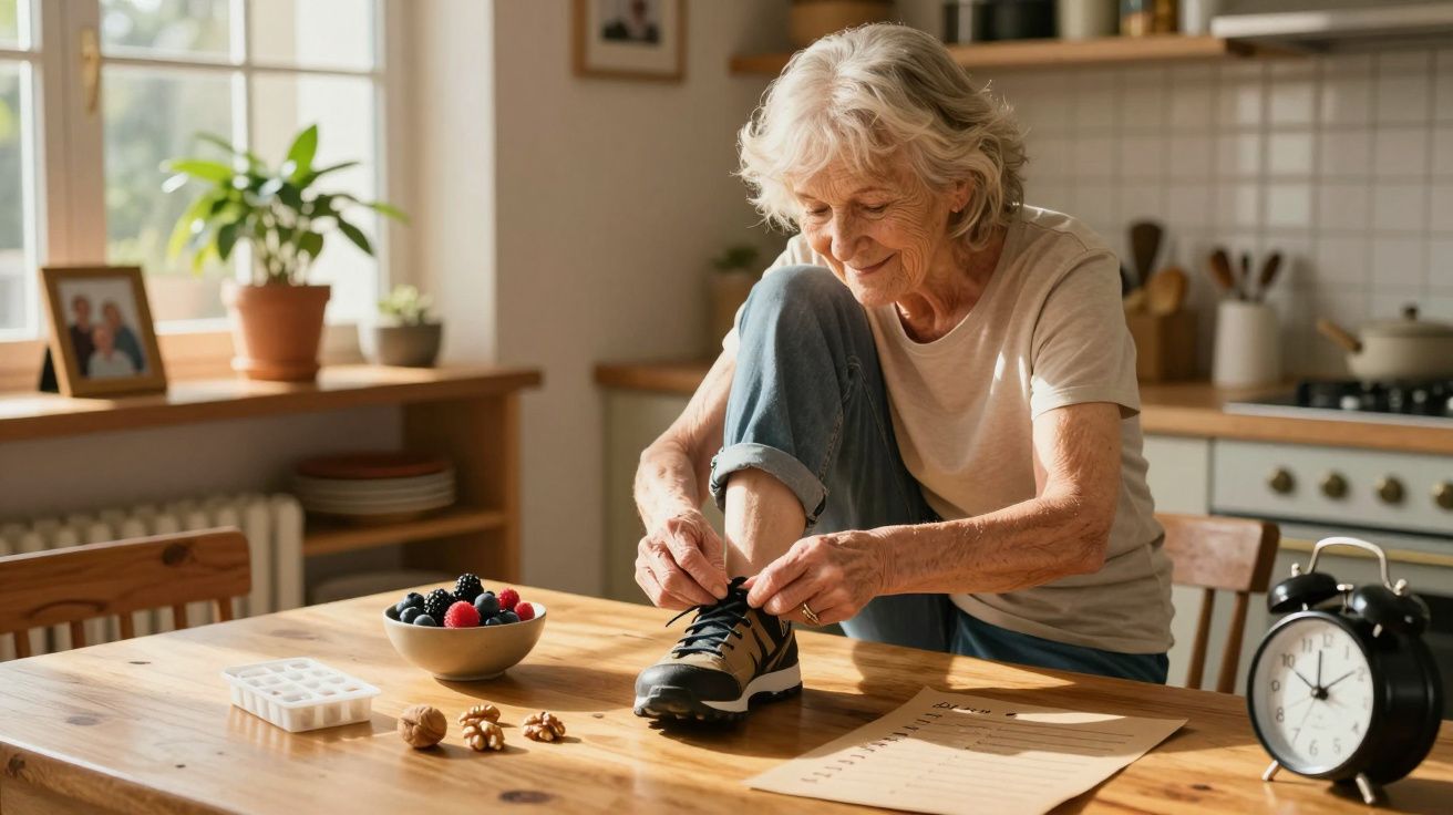 Ältere Frau bindet Schuhe am Tisch in sonniger Küche, neben Beeren, Nüssen und einer Uhr.
