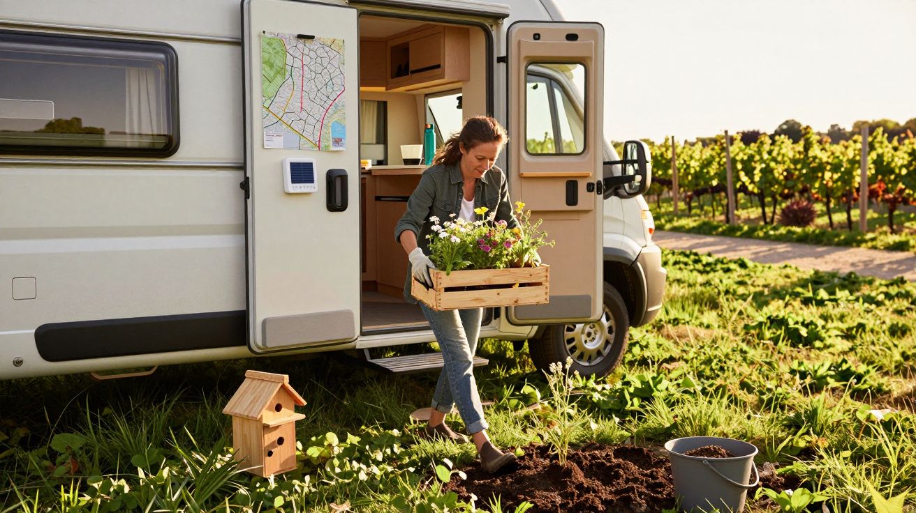 Frau pflanzt Blumen neben einem Camper in einem grünen Feld, Vogelhaus und Gartengeräte in der Nähe.