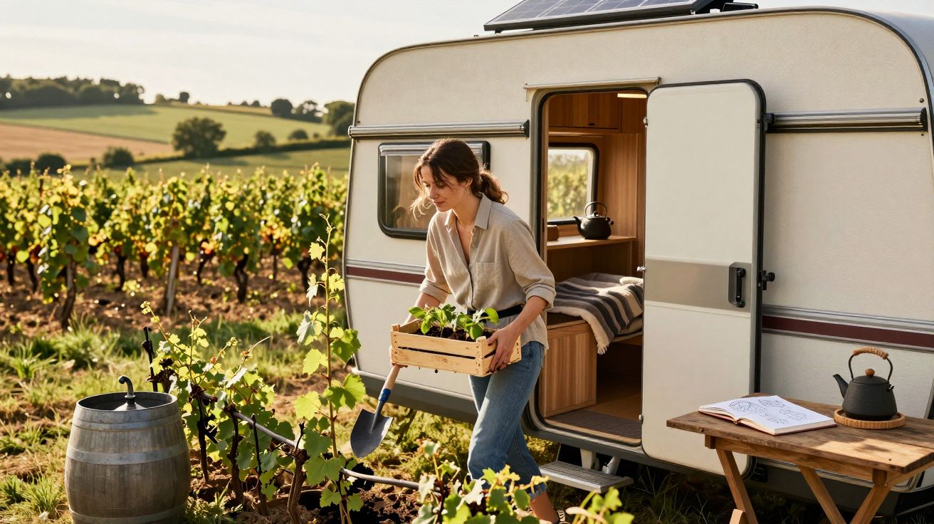 Eine Frau pflanzt Setzlinge neben einem Wohnwagen in einem Weinberg, mit einer Gießkanne und Holztisch im Vordergrund.
