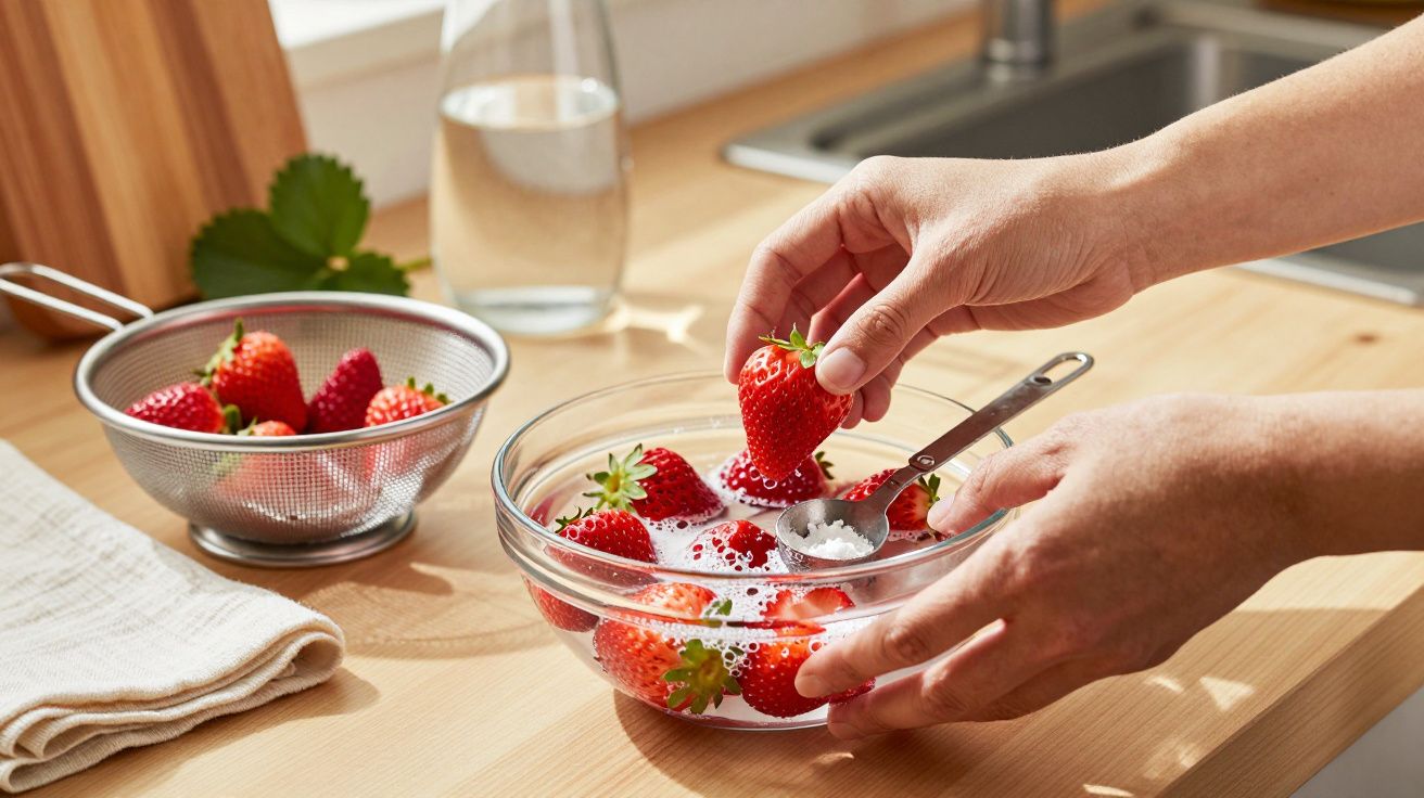 Hände waschen frische Erdbeeren in einer Schüssel Wasser auf einer Küchenarbeitsplatte.