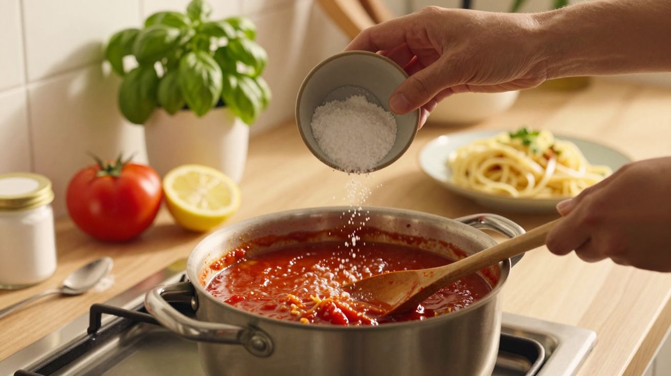 Hand streut Salz in einen Topf mit Tomatensoße, daneben frische Zutaten und ein Teller Spaghetti.