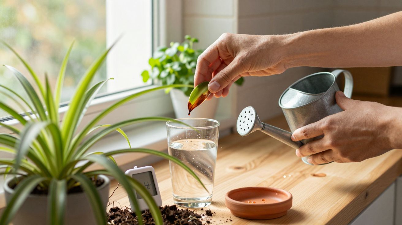 Hände pflegen Pflanzen, gießen mit Kanne und setzen Blatt in Wasserglas, neben Töpfen auf Holztisch.