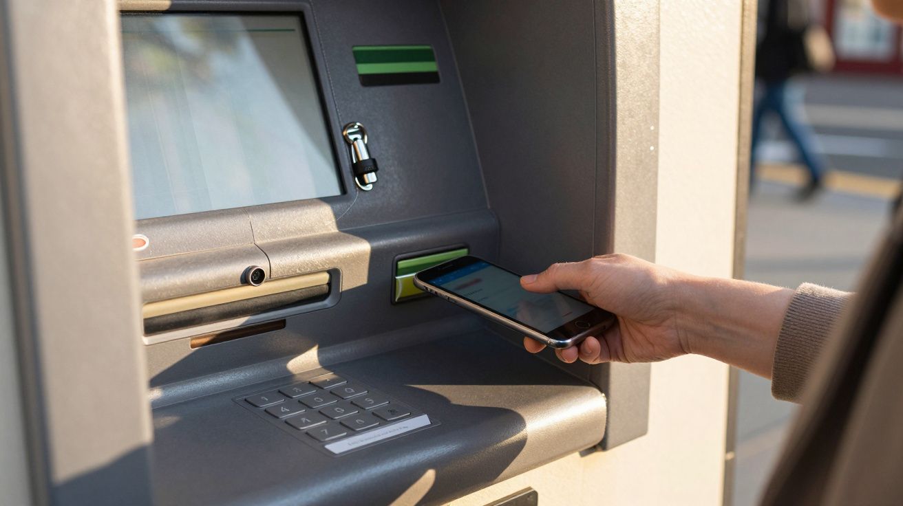 Person hält Smartphone an einen Geldautomaten für kontaktlose Transaktion.