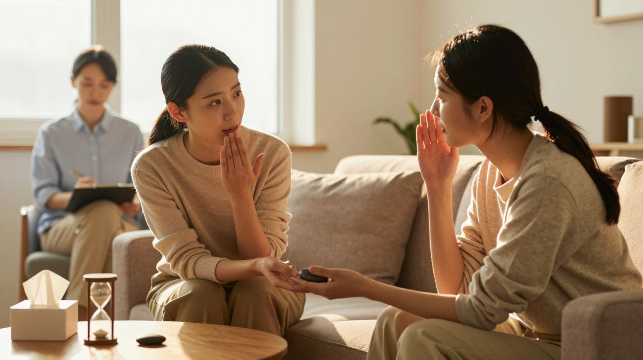 Drei Frauen im Gespräch, zwei auf dem Sofa, eine spricht, die andere hört zu; im Hintergrund schreibt eine Frau Notizen.