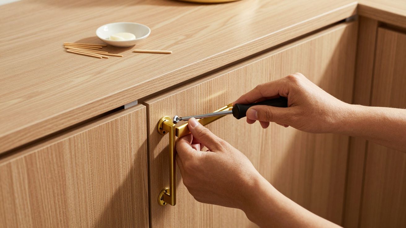 Hände, die ein Schrankgriff an einem Holzschrank mit einem Schraubendreher befestigen.