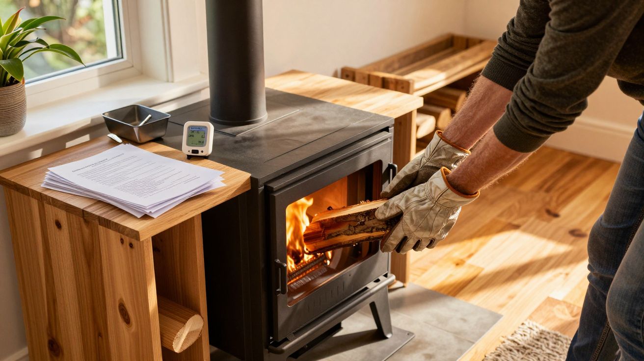 Person legt Holzscheit in brennenden Kaminofen neben Fenster, Pflanzen und Stapel Holz.