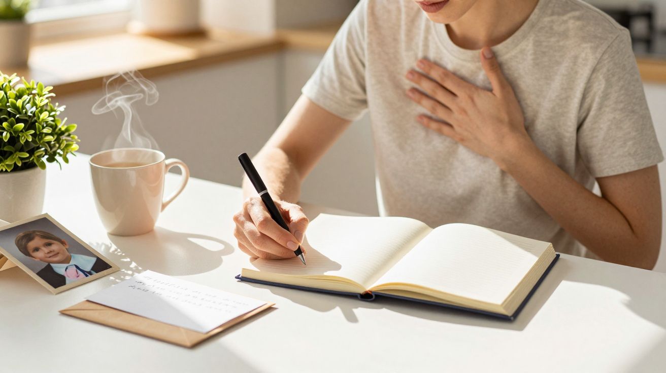 Person schreibt im Notizbuch, Hand auf der Brust, mit Kaffeetasse, Foto und Pflanze auf Tisch.